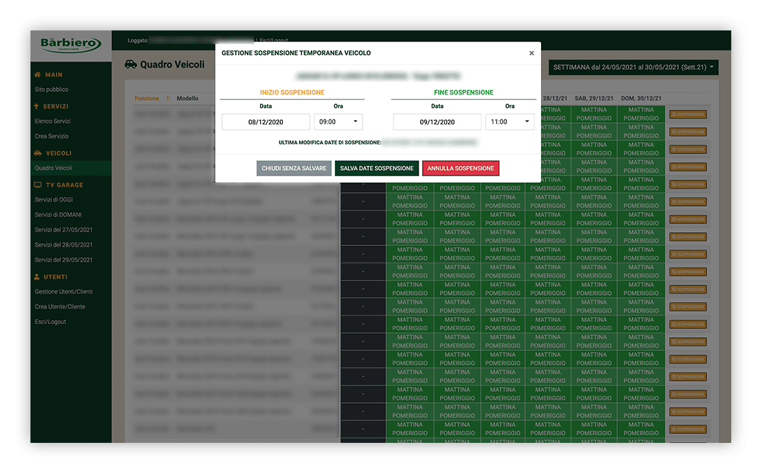 Realizzazione gestionale custom per Barbiero Trasporti Funebri (pagina veicoli) - Neroavorio (Padova)