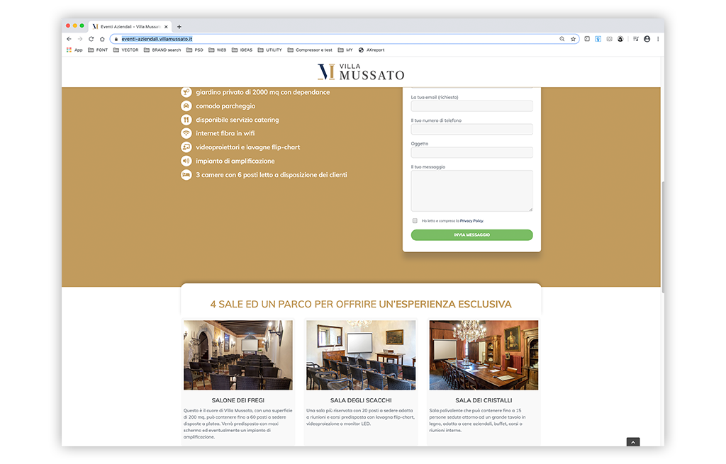 Landing Page Villa Mussato Eventi Aziendali - pagina di contatto - Neroavorio Padova